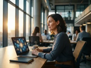 Consultant bekijkt klantreisanalyse op laptop in modern kantoor met ochtendlicht, koffie en notitieboek op bureau.