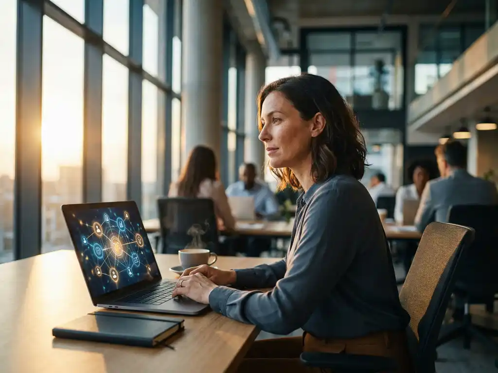 Consultant bekijkt klantreisanalyse op laptop in modern kantoor met ochtendlicht, koffie en notitieboek op bureau.