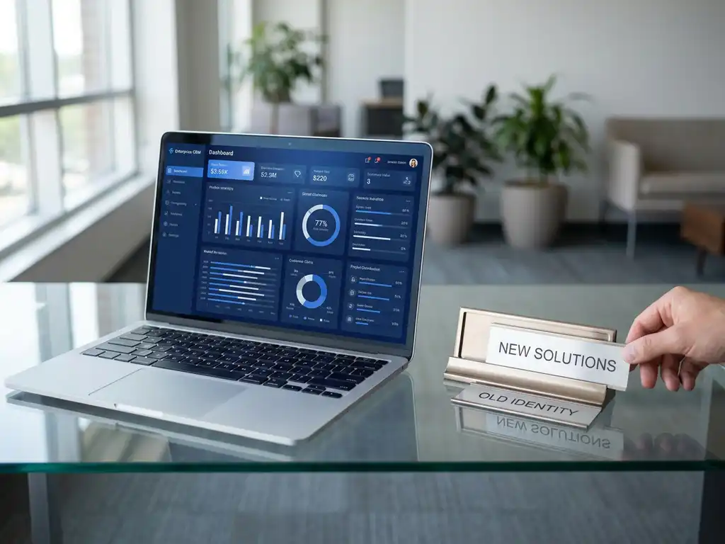 CRM-dashboard op laptopscherm op glazen bureau in modern Europees kantoor met naamplaatje dat wordt vervangen.