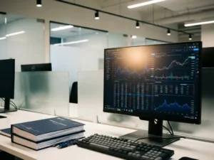 Zakelijk backoffice werkstation met monitor waarop data-dashboards worden weergegeven, financiële grootboeken en toetsenbord op de voorgrond.