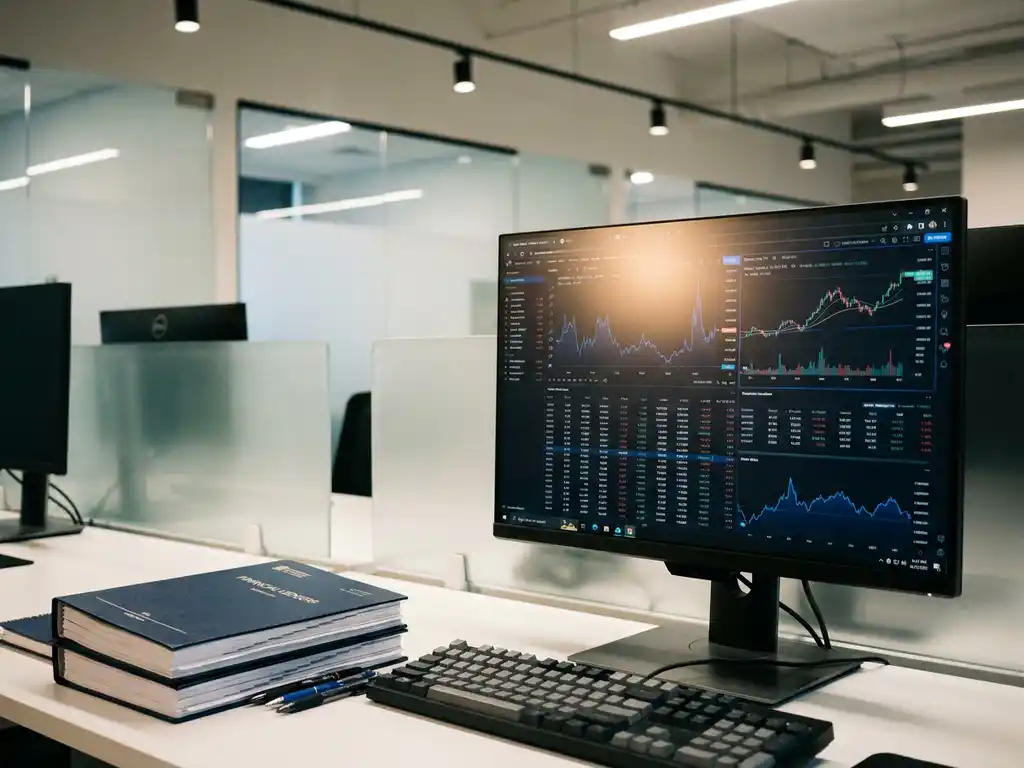 Zakelijk backoffice werkstation met monitor waarop data-dashboards worden weergegeven, financiële grootboeken en toetsenbord op de voorgrond.