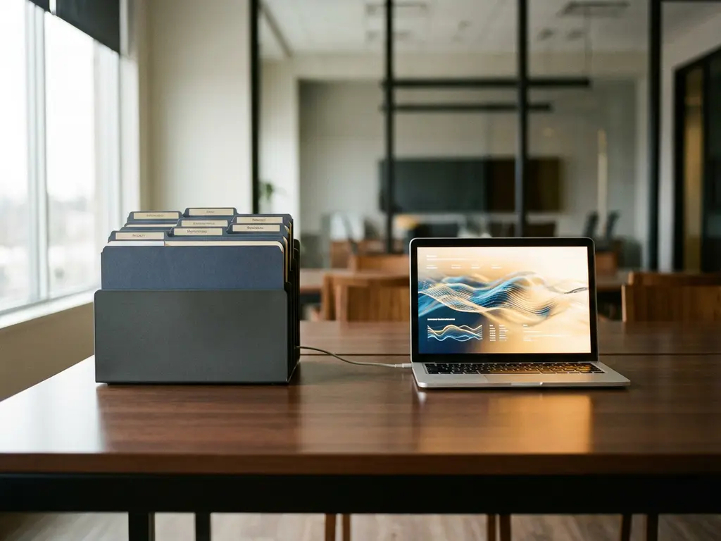 Geordend archiefsysteem met gelabelde clientmappen naast een laptop met datastromen op een modern bureau in marineblauwe en amberkleurige tinten.