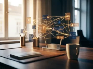 Gloeiend netwerk van verbonden klantprofielkaarten boven een modern bureau, met datastromen in amber en marineblauw tinten.