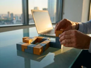 Consultanthanden die modulaire blokken in elkaar schuiven op glazen bureau, laptop op achtergrond, warm kantoorlicht.