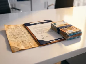 Handgeschreven offerte, ondertekend contract en eurobiljetten op wit bureau, workflow van offerte tot betaling.
