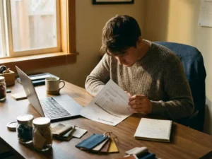 Ondernemer bekijkt gedrukte verkoopofferte aan houten bureau met laptop, productmonsters en koffie in warm kantoorlicht.