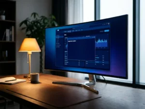 SAP-softwareinterface op een ultrabreed monitor in een modern kantoor met eiken bureau en warm omgevingslicht.
