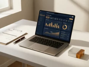 Enterprise sales configurator dashboard op laptopscherm naast offertedocument, pen en productmonster op wit bureau.