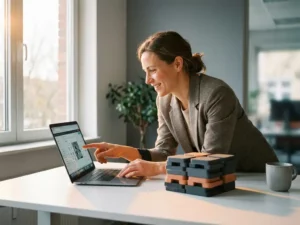 Verkoopadviseur configureert productofferte op laptop naast gestapelde modulaire productsamples op modern bureau.