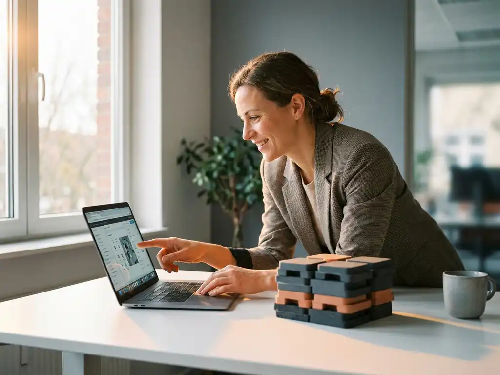Verkoopadviseur configureert productofferte op laptop naast gestapelde modulaire productsamples op modern bureau.