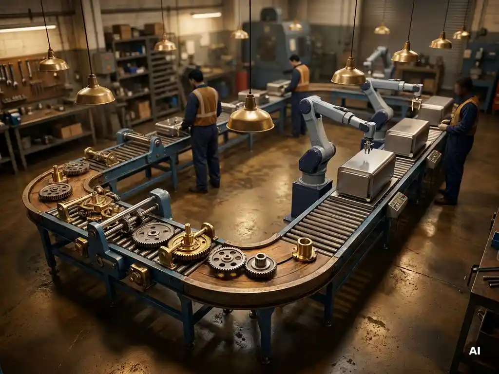 Organized factory assembly line with interlocking mechanical components flowing toward finished products under warm amber lighting on a polished concrete floor.