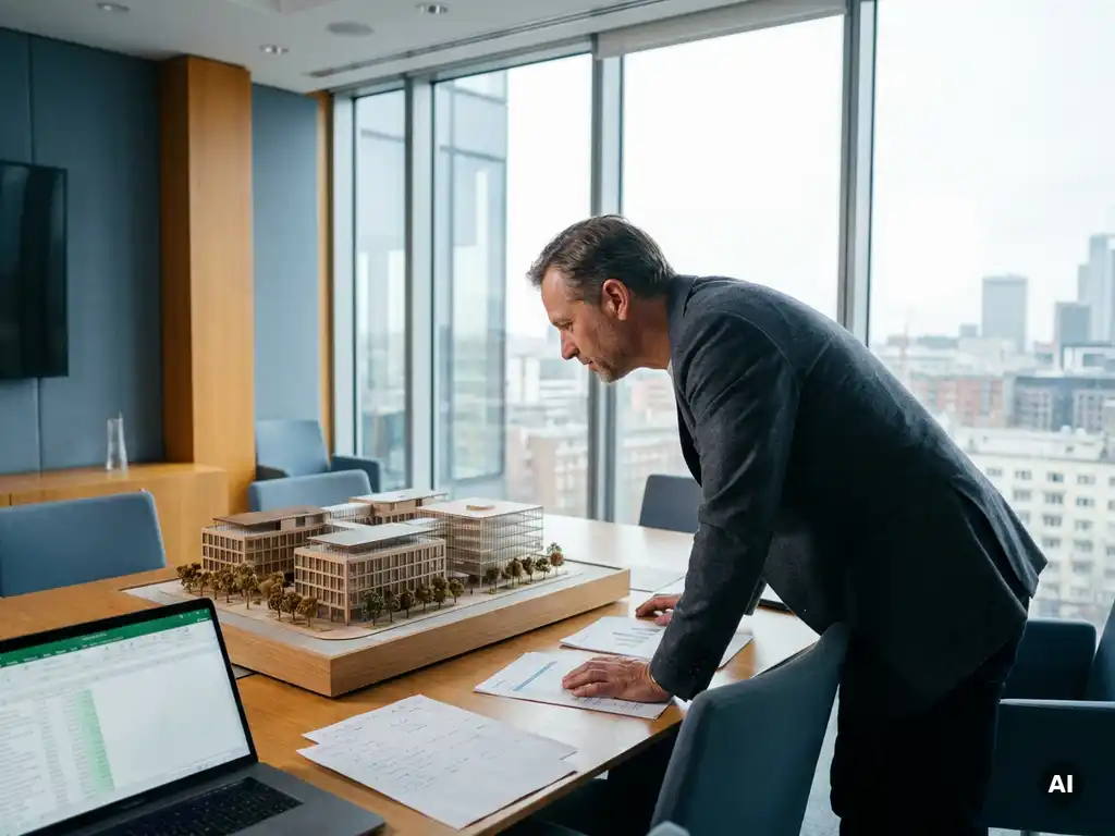 Business owner in blazer examining architectural scale model of office campus beside cost breakdown documents and laptop in sunlit boardroom.