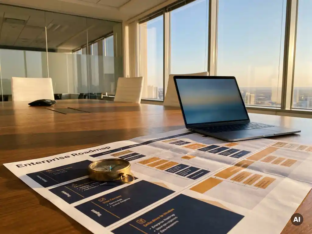 Brass compass resting on an enterprise roadmap beside a laptop in a sunlit modern boardroom with navy and amber tones.
