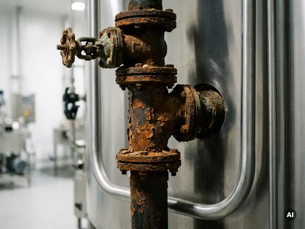 Corroded pipe junction with rusted valves blocking flow in a modern stainless steel industrial facility.