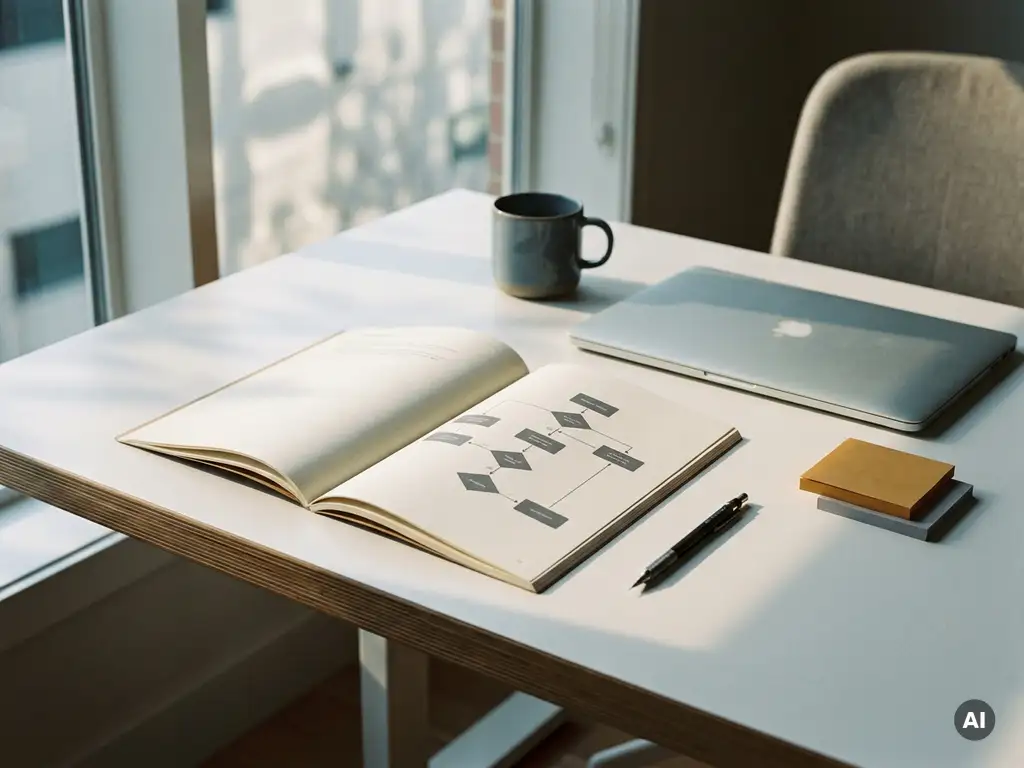 Open process flowchart on matte paper beside a laptop, sticky notes, and mechanical pencil on a clean white desk in warm office light.