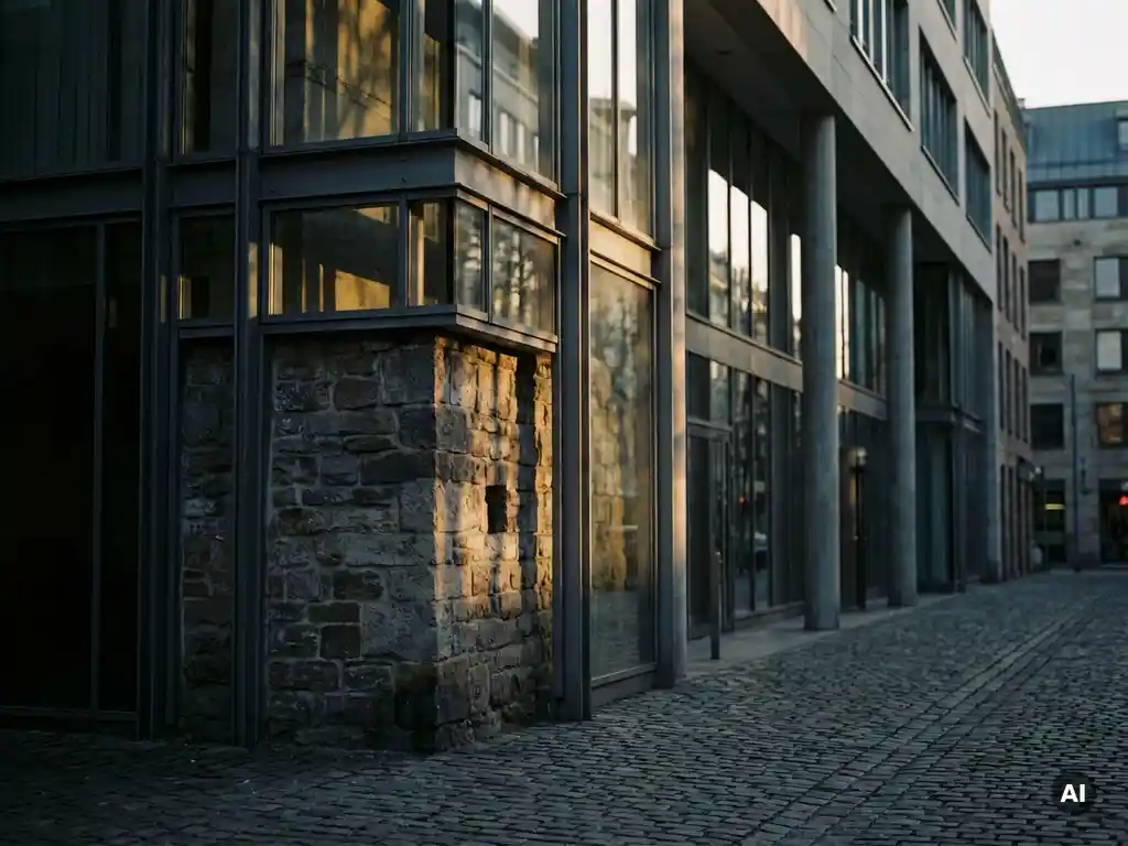 Weathered stone foundation blending into a modern glass-and-steel facade, warm afternoon light casting long shadows across contrasting architectural textures.
