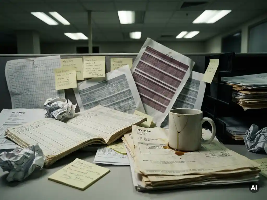 Cluttered corporate desk with tangled paper ledgers, sticky notes, and invoices dampened by a cracked leaking coffee mug.