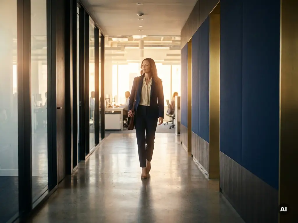 Business professional walking confidently through a sunlit modern office corridor with floor-to-ceiling windows and warm amber light.
