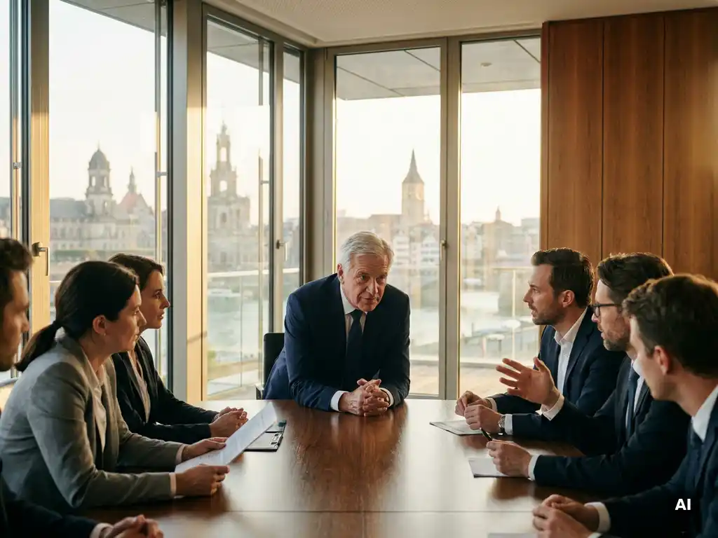 Senior executive in tailored suit leaning forward at boardroom table, colleagues in discussion, European city skyline visible through floor-to-ceiling windows.