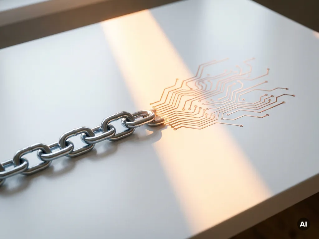 Polished steel chain links merging into copper circuit pathways on a white surface, illuminated where metal meets technology.