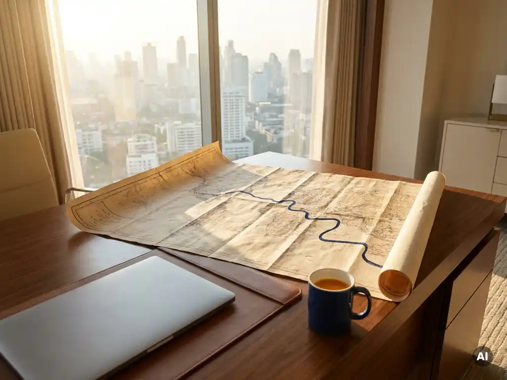 Worn paper map with a blue ink route traced across an executive desk, city skyline visible through floor-to-ceiling window at dawn.